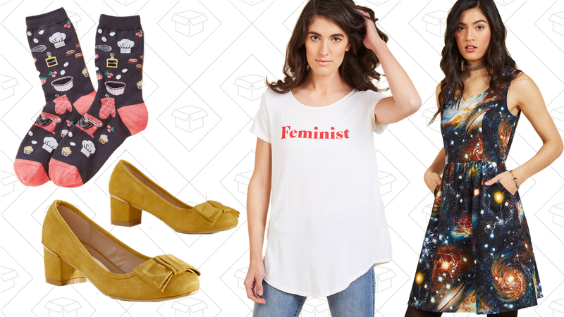 Whisk You Were Here Socks, $10 | Go for Glam Vegan Heel, $50 | A Lovely Label T-Shirt, $30 | Heart and Solar System A-Line Dress, $80